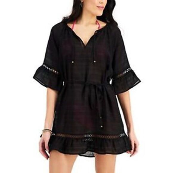 1430 Miken Juniors Belted Ruffle Cover-Up Dress Black sz XL new - Picture 1 of 1